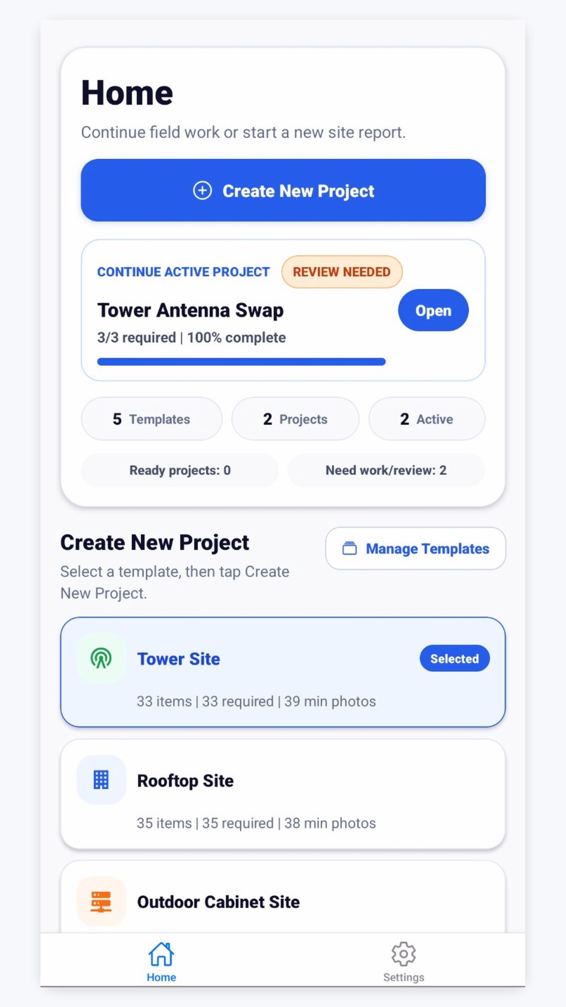 SiteVerra home screen showing telecom project progress