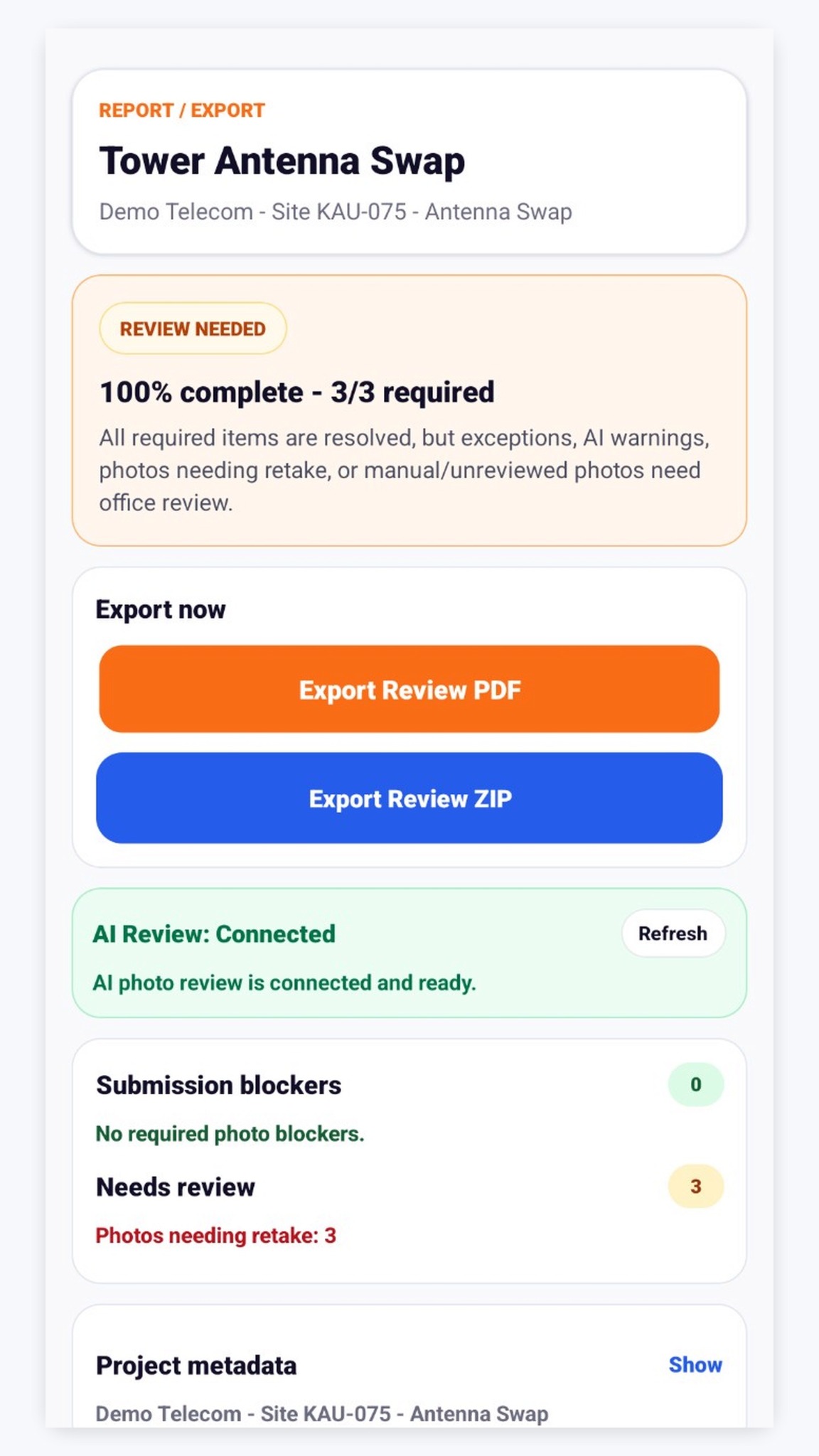 SiteVerra report export screen for PDF and ZIP handover